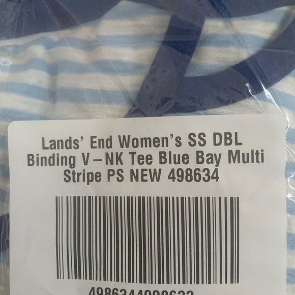 NWT LANDS' END SHORT SLEEVE DOUBLE BINDING V-NECK TEE BLUE BAY MULTI STRIPE PS - Picture 4 of 5